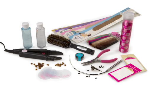 Hair care essentials: scissors, combs, and hair ties in a variety of styles.